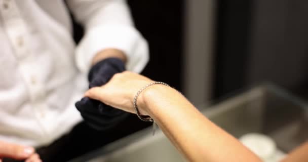 Jewelry Store Woman Hand Trying Expensive Bracelet Diamonds Luxurious Jewelry — Stock Video