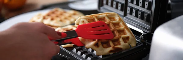 Person Prepares Waffles Waffle Iron Home Recipe Delicious Waffles Concept — Stock Photo, Image