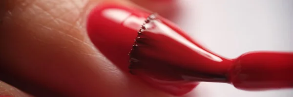 Manicurists Apply Red Nail Gel Polish Finger Manicure Services Beautiful — Stockfoto
