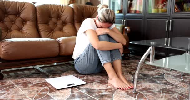 Sad Crying Depressed Woman Sitting Floor Living Room Alone Girl — Stock Video