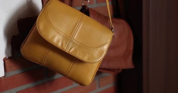 黄色と茶色の革バッグは 壁に対するハンガーに掛けます スタイリッシュなファッションバッグ — ストック動画
