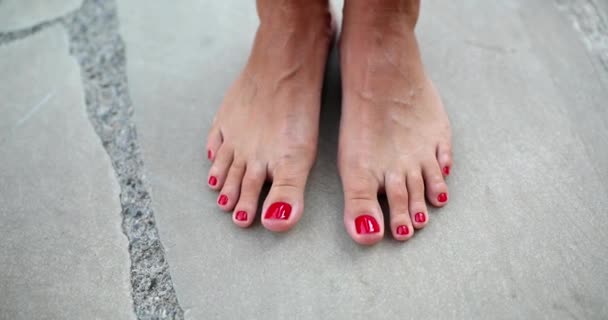 Beautiful Bare Feet Red Pedicure Closeup Skin Foot Care — Stock Video