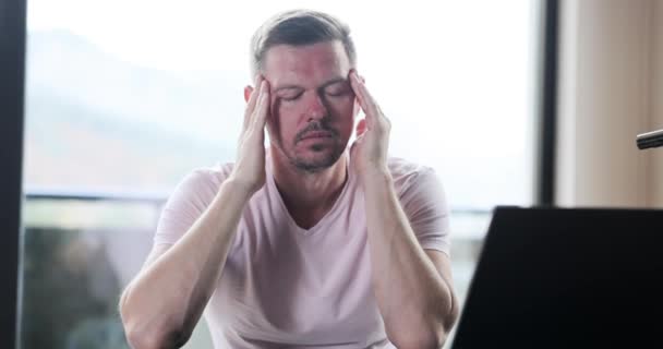 Stressed Tired Man Having Severe Terrible Headache Working Laptop Tired — Stock Video