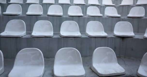 塑料座椅在一个空旷的体育场 时间过去了 体育活动的概念 舒适的舞台 — 图库视频影像