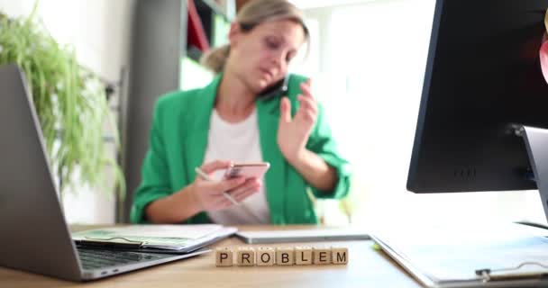 Problem Inscription Wooden Cubes Office Close Worried Business Woman Workplace — Stock Video