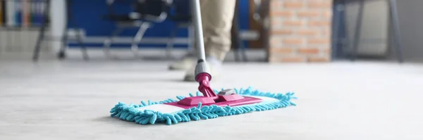Close Person Wiping Floor Fluffy Mop Domestic Work Housewife Cleaning — Foto de Stock