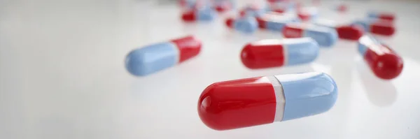 Close Bunch Colourful Medications Table Pills Capsules Surface Pharmacy Medicine — Fotografia de Stock