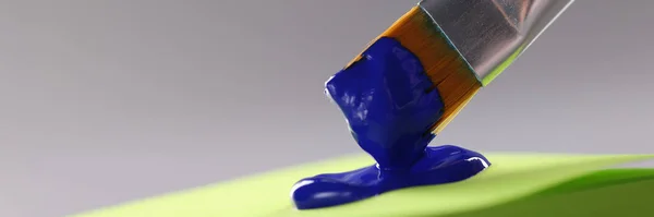 Mavi Boyayla Kaplanmış Fırça Yakın Plan Yeşil Kağıda Damlayan Mavi — Stok fotoğraf