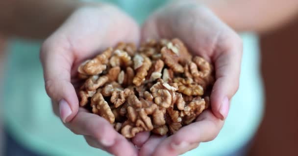 Organic Fresh Walnuts Female Hands Walnut Calories Chemical Composition — Stock Video