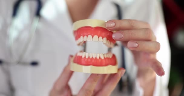 Presentation Käken Med Även Vita Tänder Händerna Tandläkare Tandvårdskoncept — Stockvideo