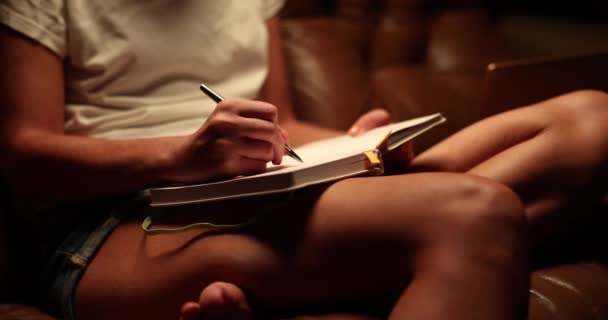 Mulher Toma Notas Caderno Casa Sofá Noite Planejamento Dia Escrita — Vídeo de Stock