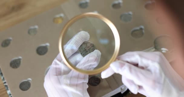 貨幣の収集は目録に記載されている 虫眼鏡を通してコインを見るコレクター — ストック動画