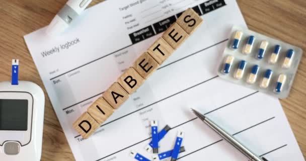 Behandlung Von Diabetes Und Kontrolle Des Blutzuckerspiegels Glukometer Tabletten — Stockvideo