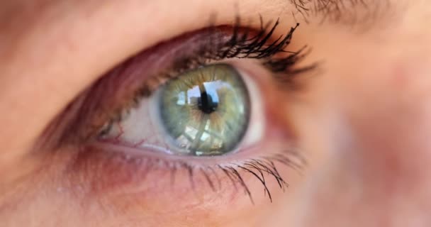 女性灰绿色的眼睛向窗外望去 近距离拍摄4K片慢镜头 激光视力矫正概念 — 图库视频影像