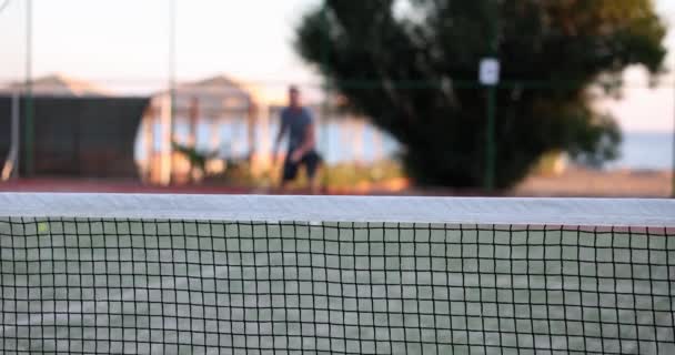 Профессионально Оборудованный Теннисист Сетка Фоновом Теннисе Игрок Бьет Теннисный Мяч — стоковое видео