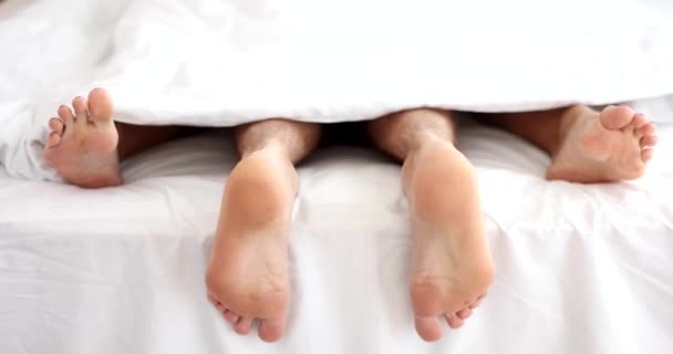 男腿和女腿躺在床上 在卧室的白色床单下做爱的情侣 — 图库视频影像