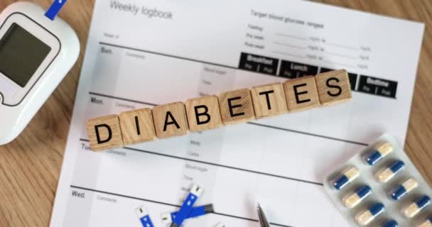 医薬品と血糖テストテキスト糖尿病と血糖値計 糖尿病の概念と血糖コントロール — ストック動画