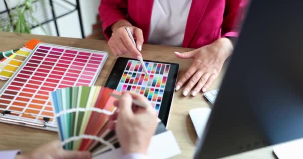 Two Freelance Designers Work Together Color Palette Choose Color Client — Stockvideo