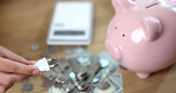 Fork Hand Piggy Bank Coins Calculator Energy Saving — Stock videók