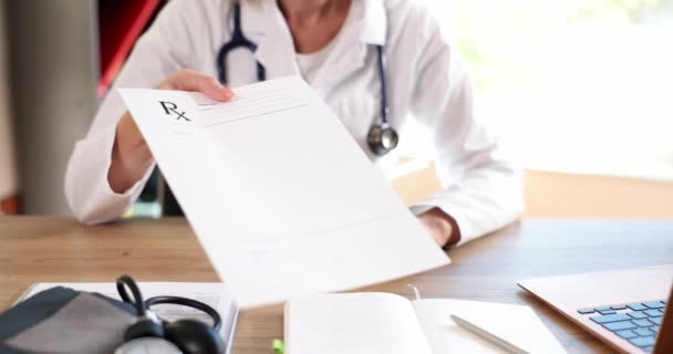 Doctor Holds Hands Document Medical Prescription Patient Closeup Recipe Form — Videoclip de stoc