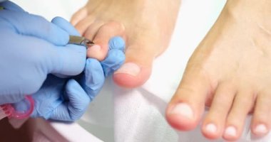 Pedicure master corrects length of nail with help of nippers. Skin and nail care