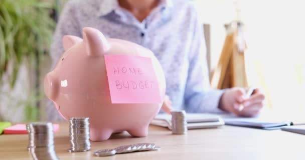 Piggy Bank Standing Table Home Budget Woman Calculating Financial Expenses — Vídeo de stock