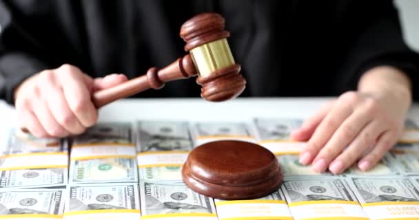 Judge Knocks Wooden Gavel Dollar Bills Financial Crimes Bribery Bribery — Vídeos de Stock
