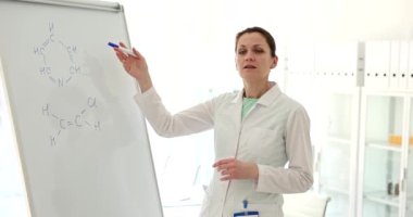 Chemical compound of molecules is written on white board. Teacher of exercises explains formulas. Structural chemical formula and education concept