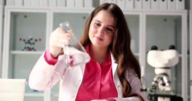Scientist holding flask with water in laboratory. Checking quality of water and mixture measuring acid innovation medicine toxic poison