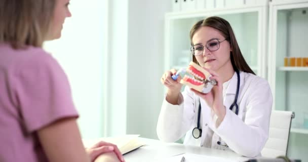 Doctor Dentist Shows How Properly Brush Teeth Female Patient Dental — Stock Video