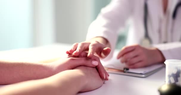 Doctor Hand Calms Patient Clinic Closeup Therapist Cardiologist Hold Patient — Vídeo de Stock