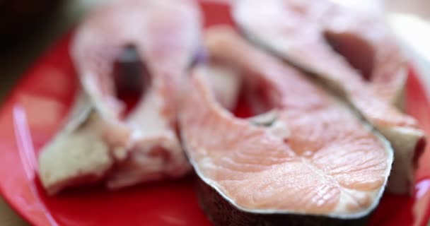 Salmon Segar Steak Piring Merah Muda Fokus Dangkal Close Konsep — Stok Video
