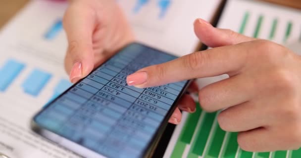 Kadınların Elleri Akıllı Telefon Ekranında Kaydırıyor Yakın Plan Finansal Planlama — Stok video