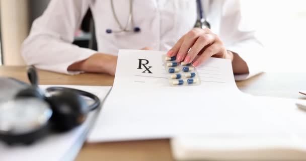 Doctor Shows Pills Prescription Close Slowmotion Medical Form Pharmacist Visit — Stock Video
