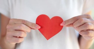 Female hands holding red paper heart closeup 4k movie slow motion. Volunteer help concept 