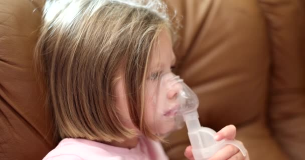 Child Making Inhalation Hormonal Medicine Nebulizer Movie Slow Motion Treatment — Stockvideo