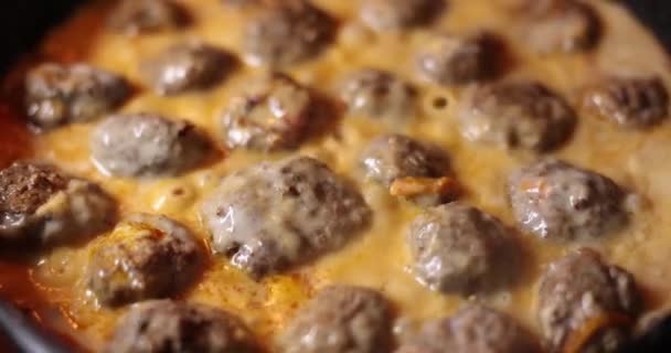 Pork Meatballs Creamy Tomato Sauce Cooked Pan Closeup Movie Slow — Wideo stockowe