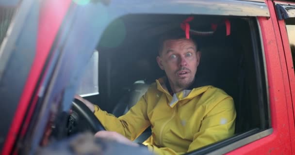 Happy Man Sitting Wheel Car Calling Fellow Traveler Movie Slow — Video Stock