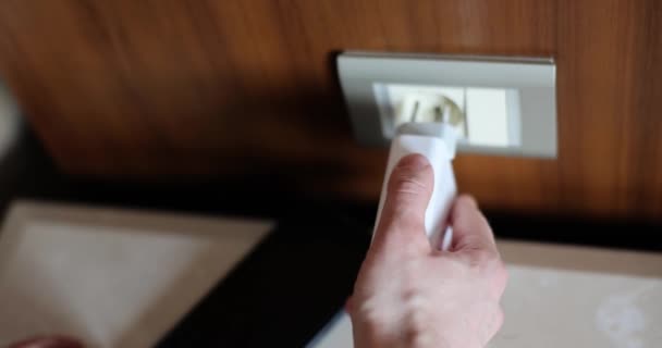 Man Hand Inserting Plug Socket Home Closeup Movie Slow Motion — Vídeos de Stock