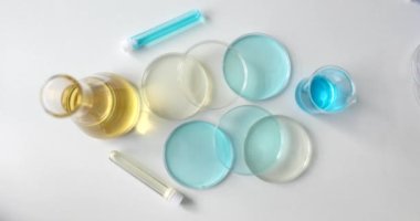 Test tubes for scientific laboratories and chemical laboratory liquids in test tubes. Research and development of oil or vaccine cosmetics in laboratory