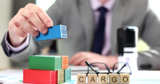 Cargo Inscription Wooden Cubes Office Dealer Counts Profit Delivery Logistic — Video Stock