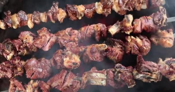 Lamb Meat Cooked Hot Grill Barbecue Grilled Lamb Ribs Barbecue — Stock video