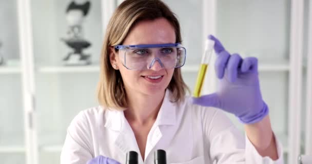 Quality Control Oil Refining Industry Woman Chemist Holding Test Tube — Αρχείο Βίντεο
