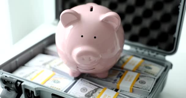 Suitcase Full Hundreds Dollars Piggy Bank Financial Savings Profitable Bank — ストック動画