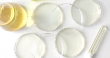 Laboratuvardaki masada yağ sıvısı bulunan matara ve petri tüpleri. Petrol ürünleri kavramının kimyasal bileşimi üzerine çalışma