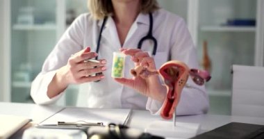 Anatomik kadın üreme organları ve doğum kontrol hapları olan bir doktor. Jinekolog kısırlık tedavisi için ilaç tutuyor.