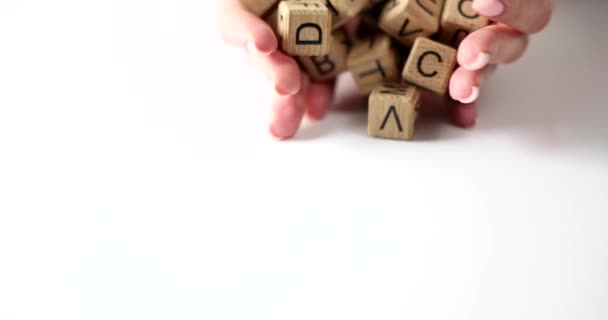 Woman Hands Scatter Lot Wooden Cubes Different Letters English Alphabet — стокове відео