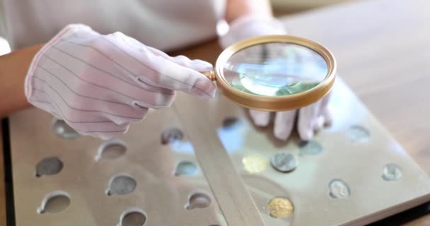 Numismatist Examina Colección Monedas Través Lupa Recogida Valoración Monedas — Vídeos de Stock