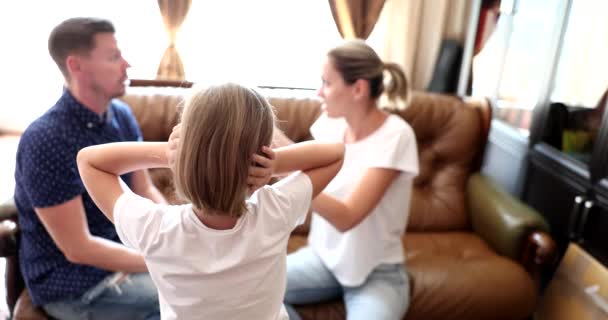 Girl Daughter Upset Closes Ears Parents Quarrel Sad Little Girl — Vídeo de Stock