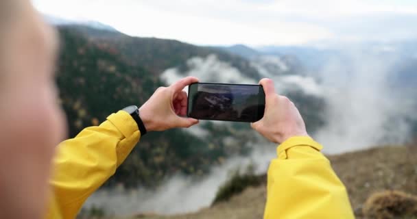 Tourist Takes Phone Beautiful View Nature Mountains Forest Fog Travel — Stock videók